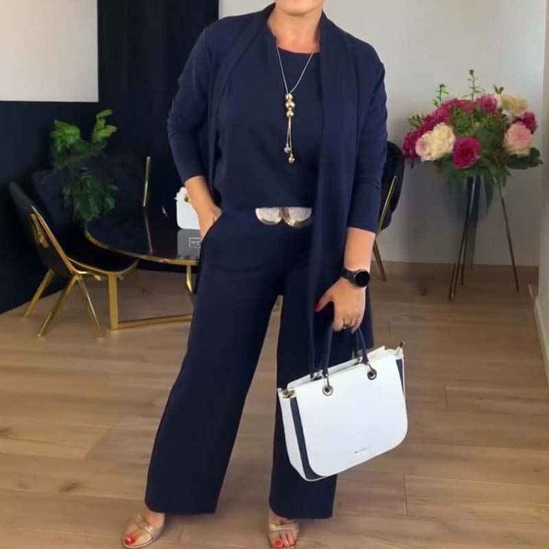 EB | Stylisches 3-Teilige Set Bestehend Aus Einem Langen Cardigan, Top und Hose