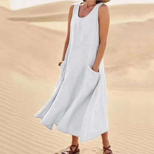 EB - Leinen-Baumwoll-Ärmelloses Kleid für Frauen