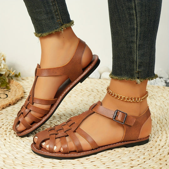 EB | Gewebte Flache Sandalen für Damen Vintage Stil, Geschlossener Zeh, Schnallenverschluss