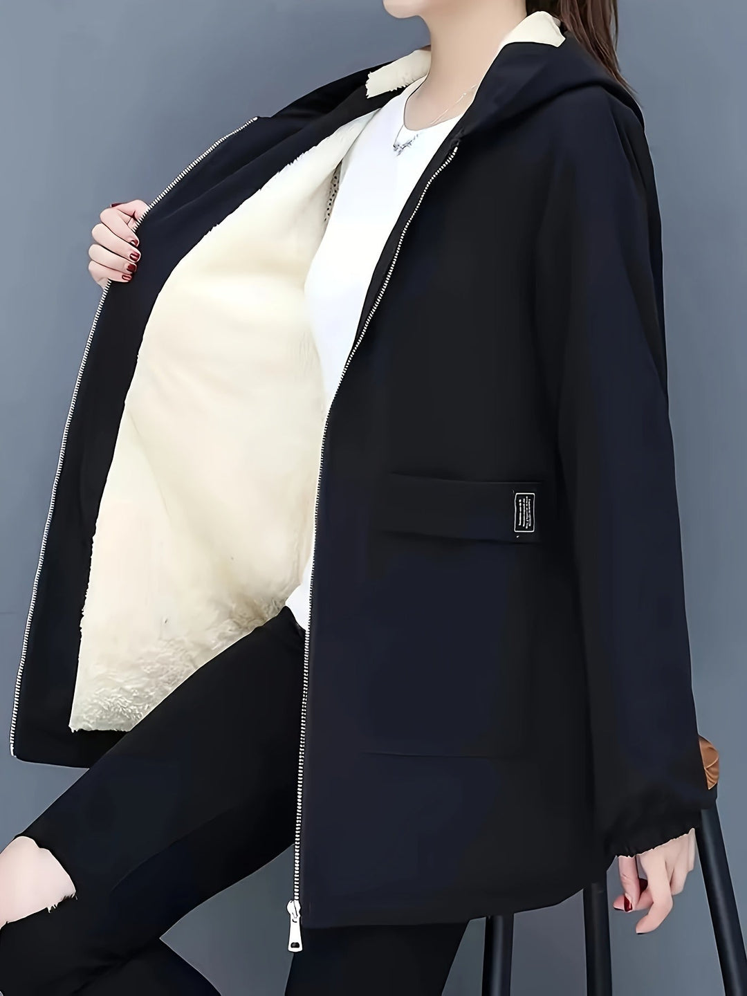 EB | Stylische warme Fleece-Winterjacke mit Kapuze und Reißverschluss Ideal für Herbst/Winter