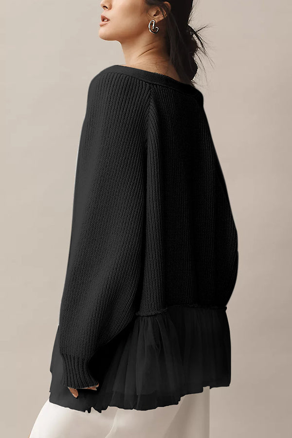 EB | Strickjacke mit Netz-Rüsche und Langen Ärmeln