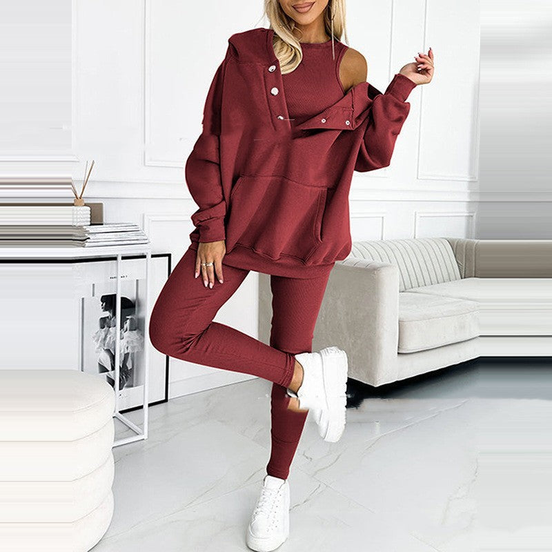 EB | 3-Teiliges Damen-Sportanzug mit Lockerem Kapuzenpullover und Slim-Hosen