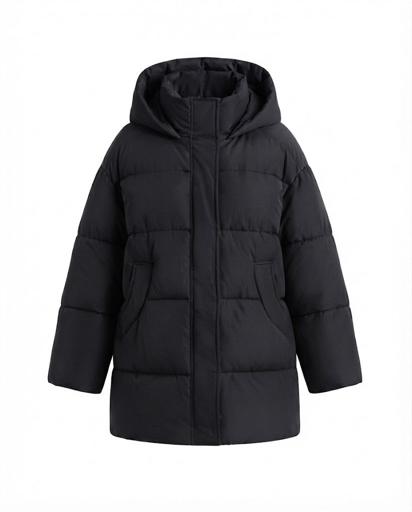 Damen nan oversized wattierter Mantel mit kontrastfarbiger Innenkapuze, Zweiwege-Reißverschluss und praktischen Eingrifftaschen EB