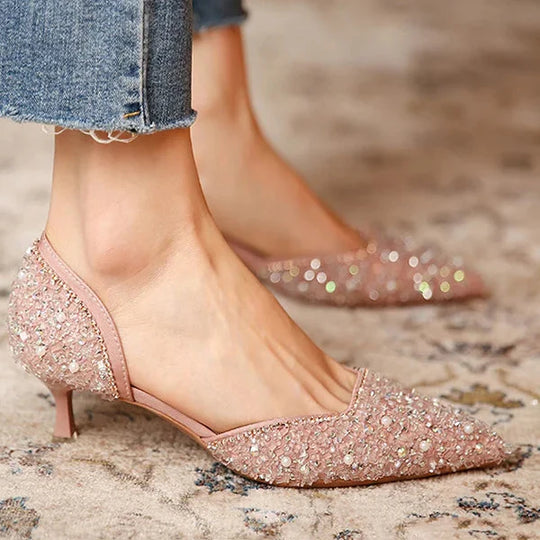EB | Stilvolle Schuhe mit Spitzer Zehe und Mittlerem Absatz mit Glitzeroberfläche