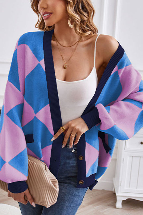 EB | Hals geometrisches Patchwork kontrastierender Strickcardigan lässige lockere Jacke