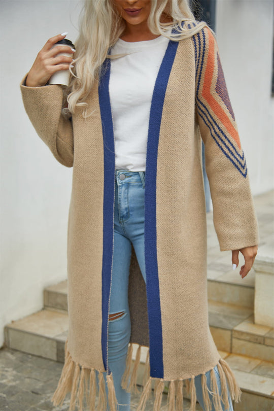 EB | Geometric Fringe Hem Offene Front Duster Cardigan