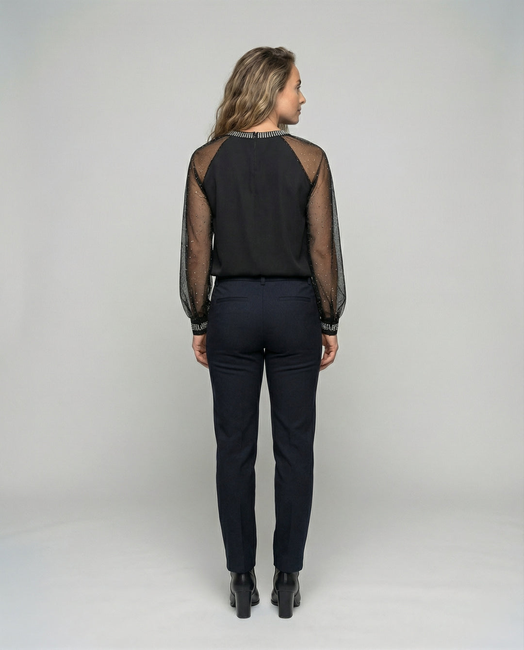 EB Damen Mesh-Bluse mit Strassbesatz und transparenten Ärmeln