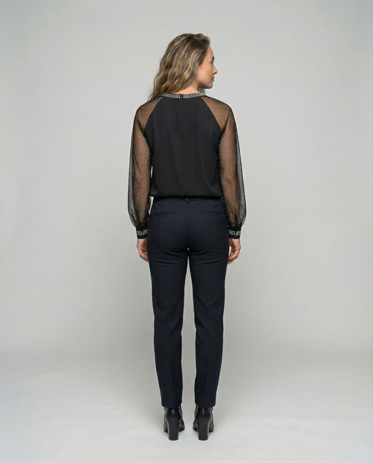 EB Damen Mesh-Bluse mit Strassbesatz und transparenten Ärmeln