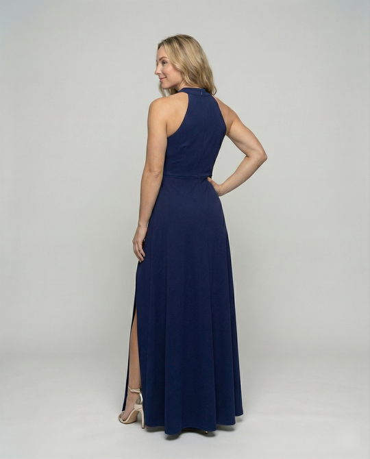 Damen Elegantes Maxikleid mit Seitenschlitzen und hochgeschlossenem Ausschnitt EB