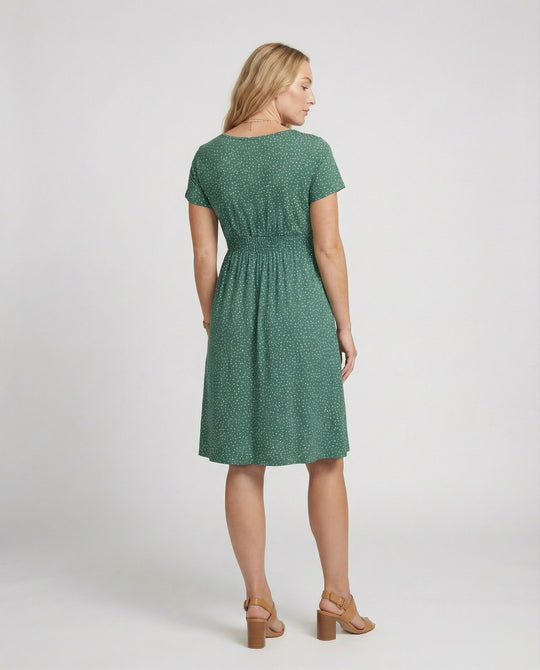 Damen Elegantes Grünes Midikleid mit Punktmuster & Kurzen Ärmeln | EB