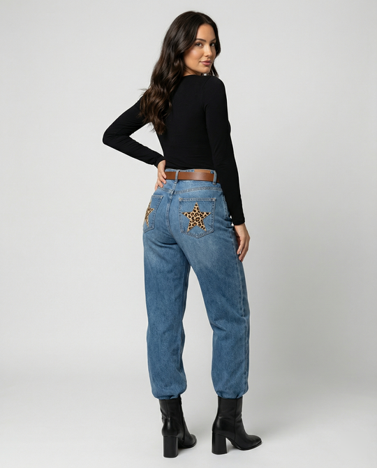 EB | Retro Leoparden Print Stern Boyfriend Jeans