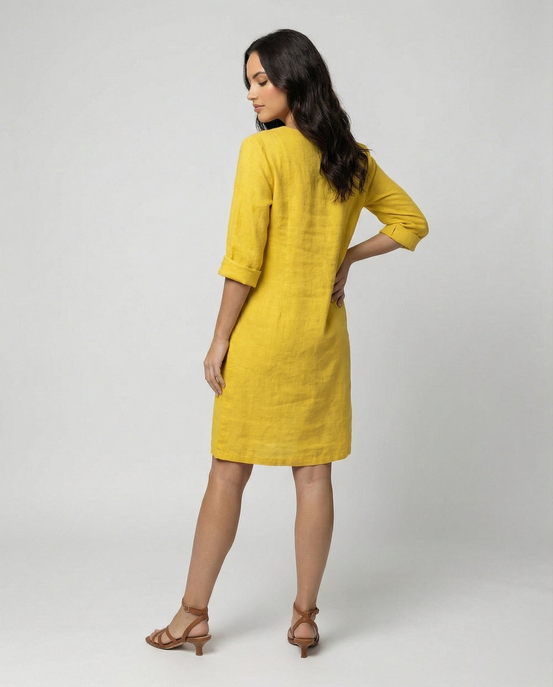 Damen Leinenkleid mit lockerer Passform und elegantem V-Ausschnitt EB