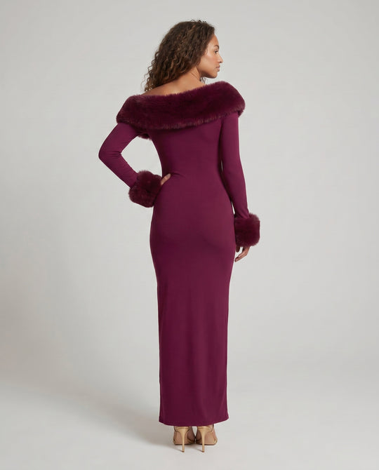 Damen Elegantes Langarm-Maxikleid mit abnehmbarem Pelzbesatz EB