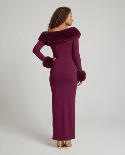 Damen Elegantes Langarm-Maxikleid mit abnehmbarem Pelzbesatz EB