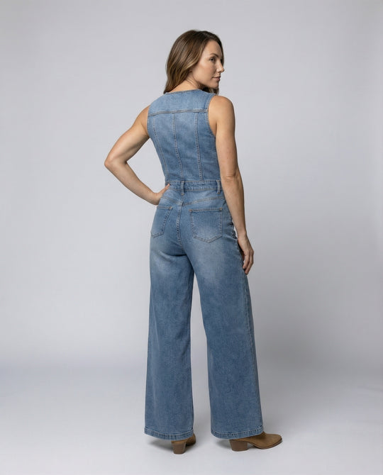 Damen Jumpsuit mit weit geschnittenen Beinen und eleganter Knopfleiste EB
