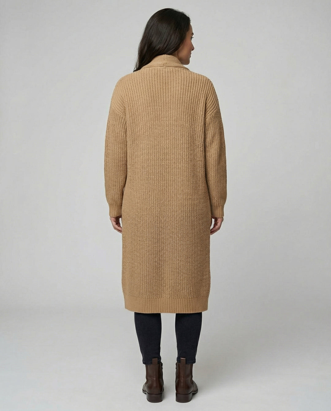 Damen Strickmantel mit Tiefem V-Ausschnitt und Seitlichen Eingrifftaschen EB