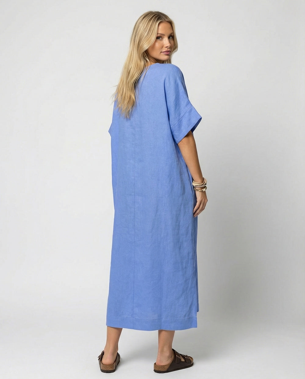 Damen lässiges Leinen-Maxikleid mit V-Ausschnitt und weit geschnittenen Ärmeln EB