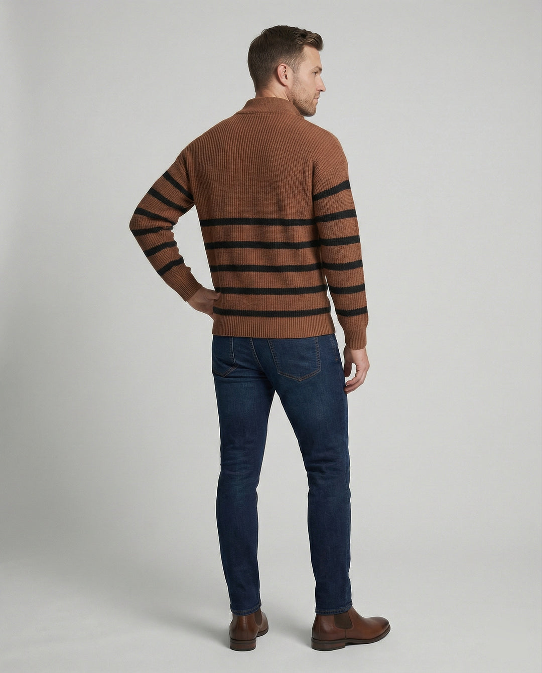 Herren Strickpullover mit modernem Halbreißverschluss und gestreiftem Design EB