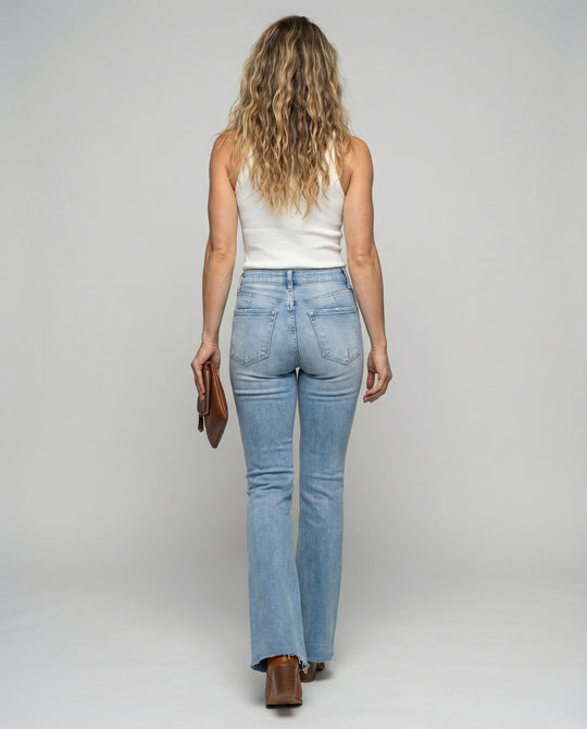 Damen Flared Jeans mit hohem Bund und fransigem Saum EB