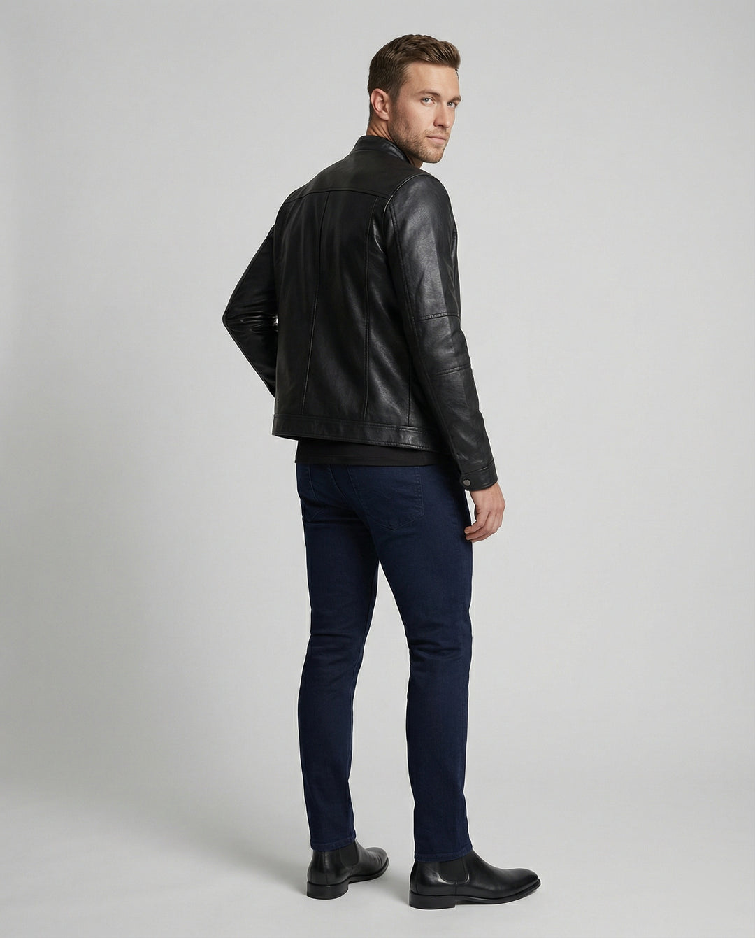 Herren elegante Kunstlederjacke mit Stehkragen EB