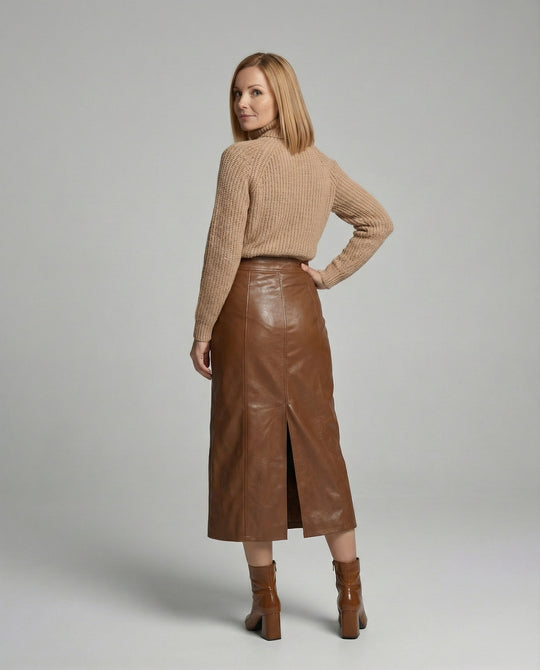 Damen langer Lederrock mit Knopfleiste