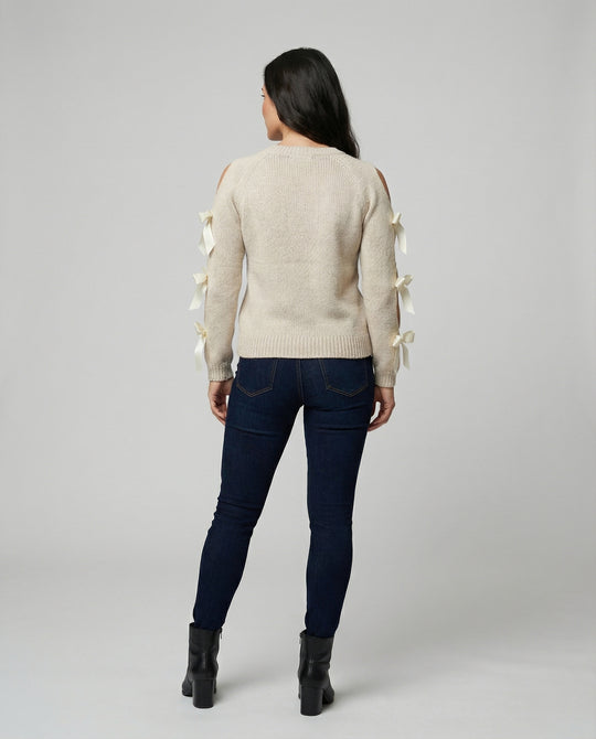 Damen Strickpullover mit offener Schulter und raffinierten Schleifendetails EB