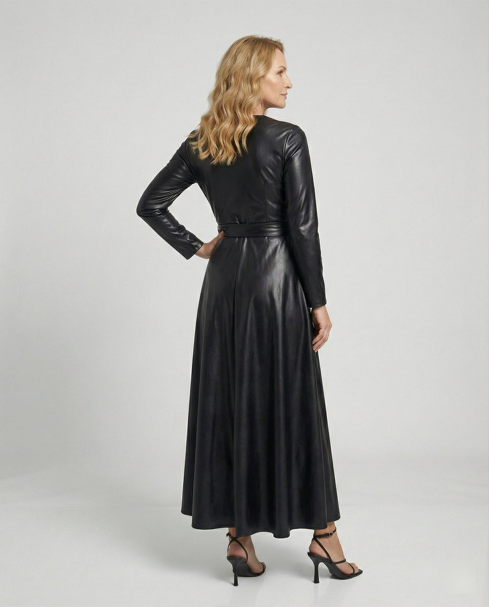 Damen Maxikleid Kunstleder Wickeloptik