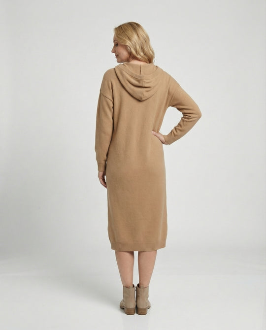 Damen Hoodie-Kleid aus weichem Strickmaterial mit Knopfleiste und Kapuze EB