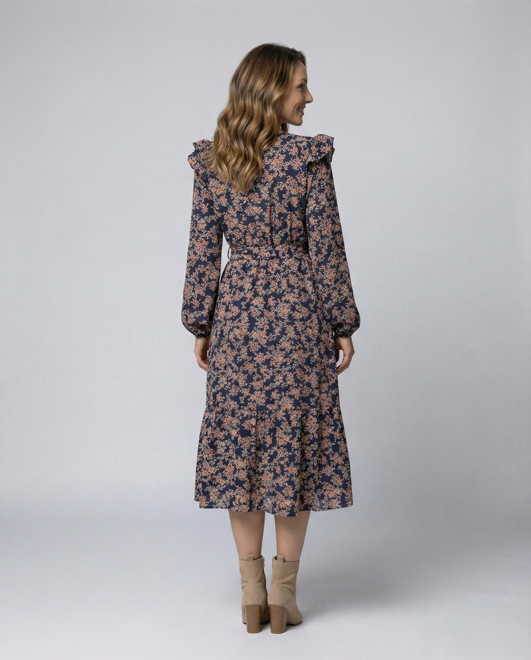 Damen Blusenkleid mit floralem Design und taillierbarem Gürtel EB