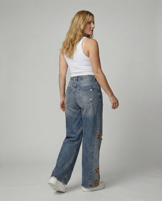 Damen Weit geschnittene Jeans im floralen Design mit bunten Applikationen EB