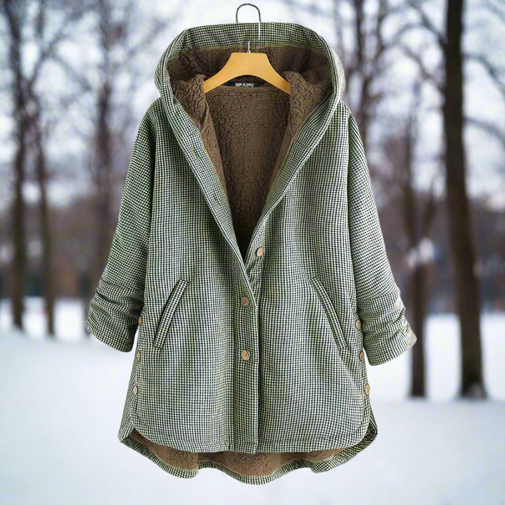 EB | Mantel - Karierter Wollmix - Kapuze und Weiche Fütterung - Oversized Passform - Knopfverschluss