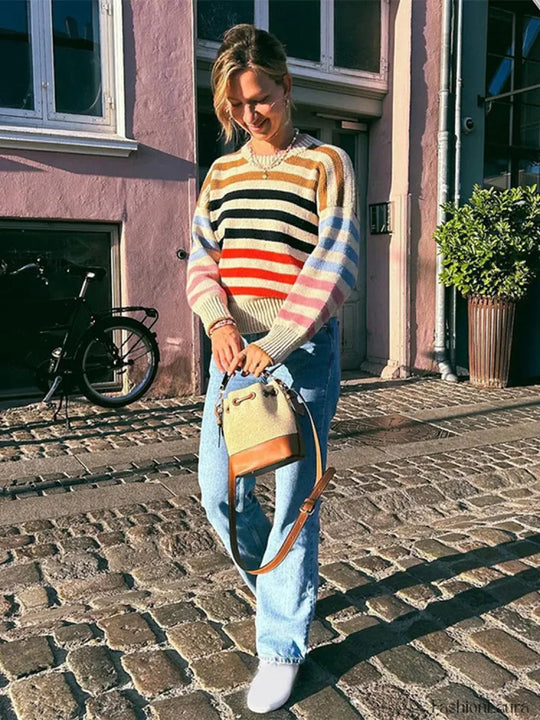 EB | Bunter Gestreifter Vintage Strickpullover mit Rundhalsausschnitt
