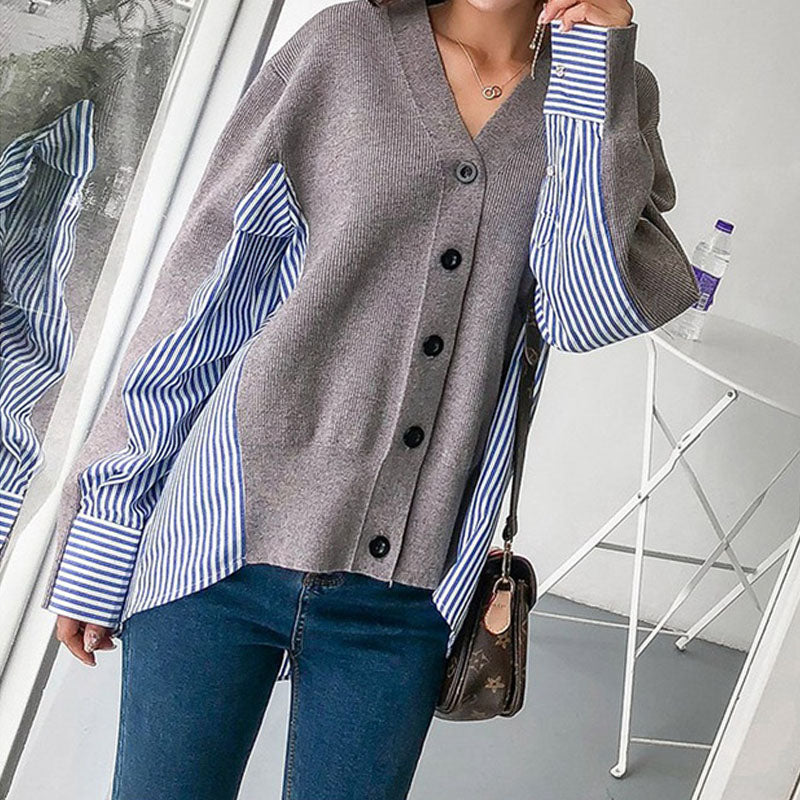 EB | Einzigartiger Strickcardigan mit Hemdärmeln Weich und Trendy Kontrastdesign
