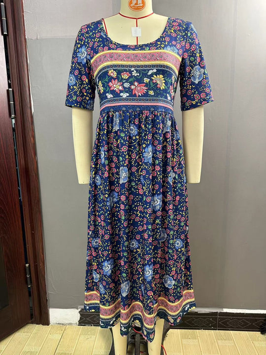 EB | Rundhalsausschnitt Kurzarm Bohemian Print Kleid Frauen