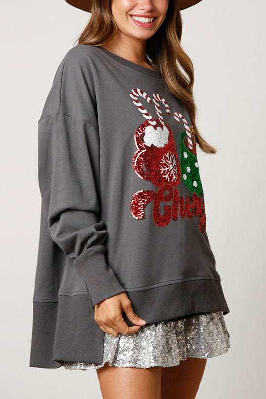 EB | Weihnachts Süßigkeiten Tasse Pailletten Lässiger Lockere Sweatshirt