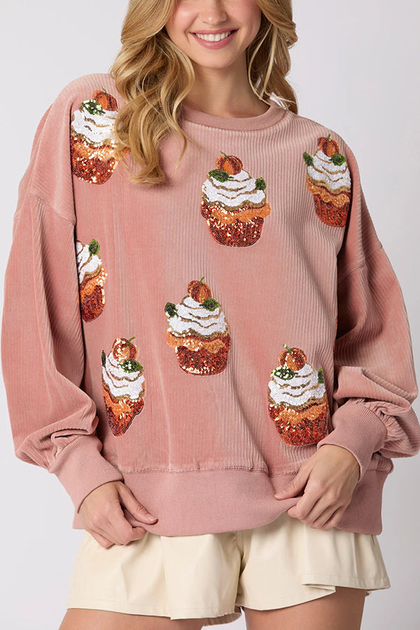 EB | Weihnachts-Pumpkin-Kuchen Pailletten Rundhals Lockeres Sweatshirt