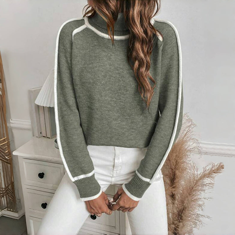 EB | Strickpullover mit Hohem Kragen Kontrastkanten Warm und Modern