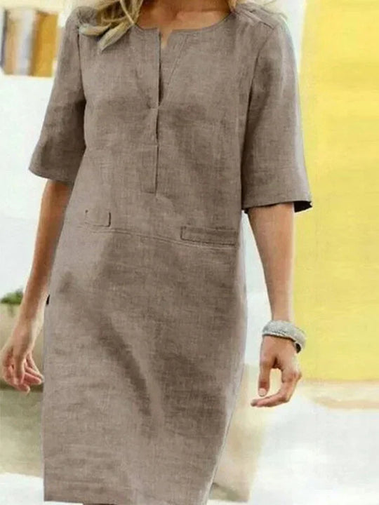 EB | Damen Kurzarm Baumwolle und Leinen Kleid
