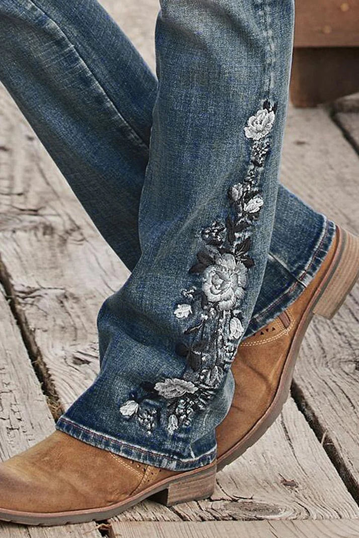 EB | Mittel Taille Flamingo Bestickte Jeans