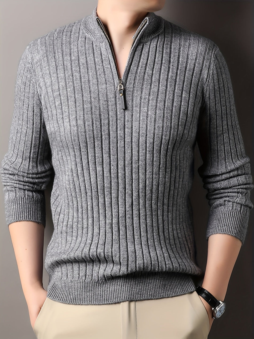 EB | Strickpullover mit Hohem Kragen und Reißverschluss Geripptes Design Weiches Material