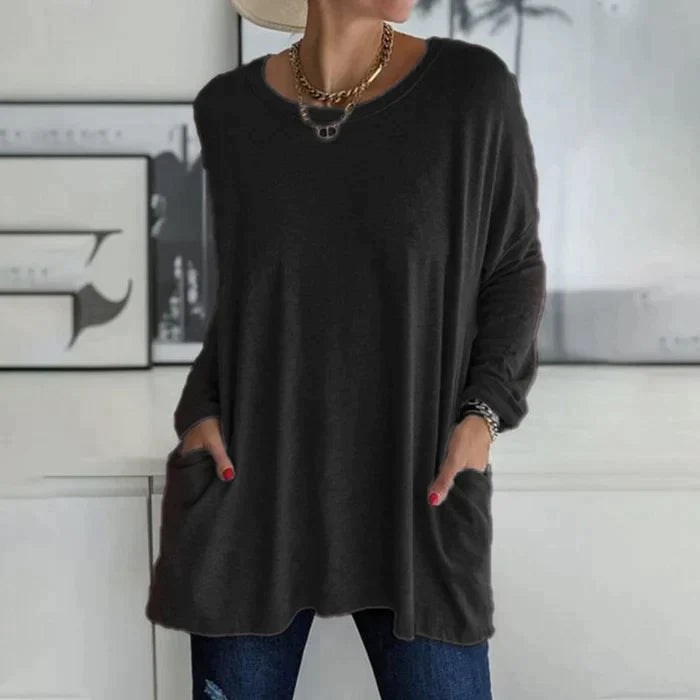 EB Mode Tunika Oberteil Tasche Lose Rundhals Langarm