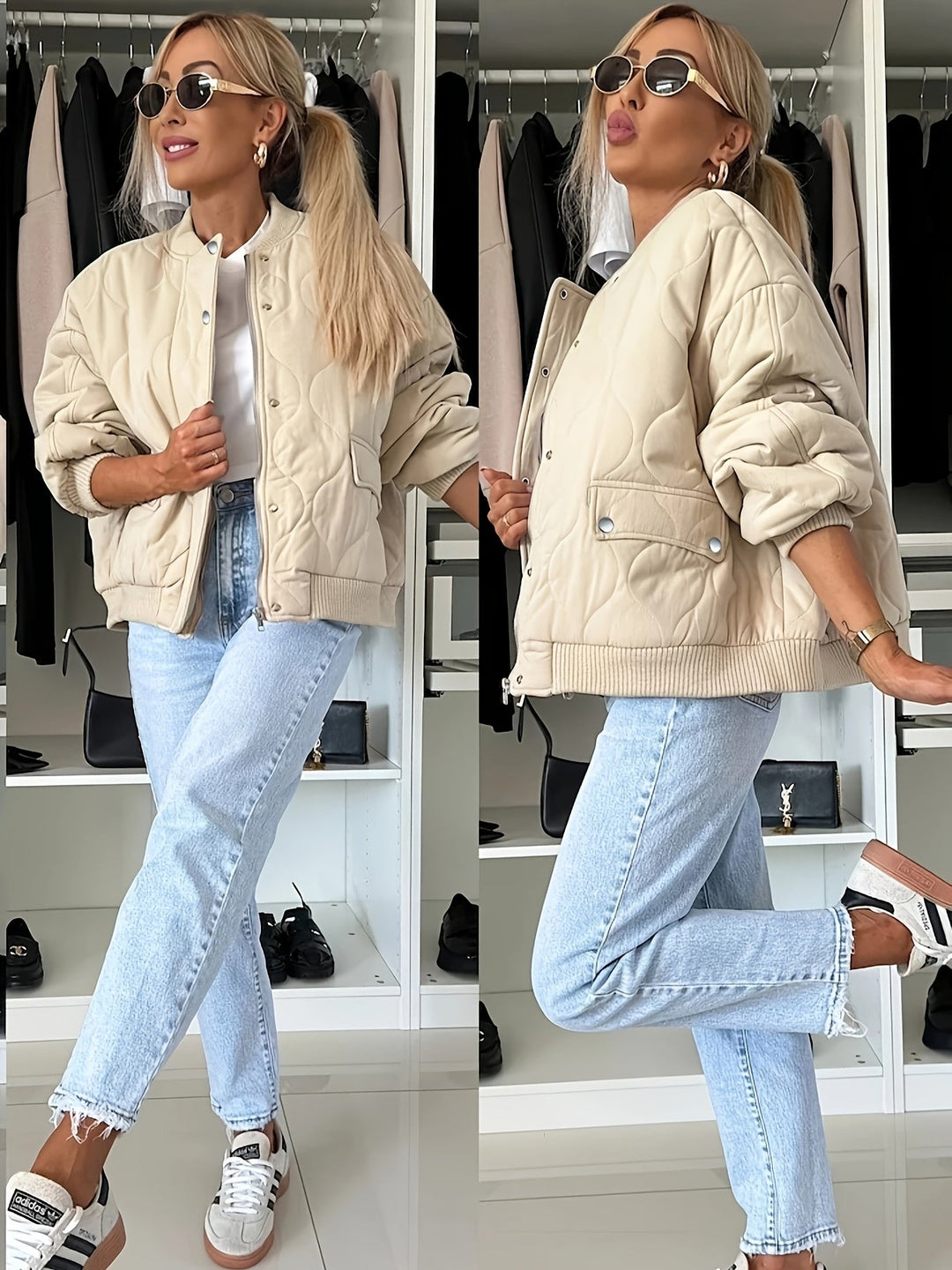 EB | Gequiltete Jacke Farbblock Warmer Pufferjacke Reverskragen und Taschen Ideal für Frühling/herbst