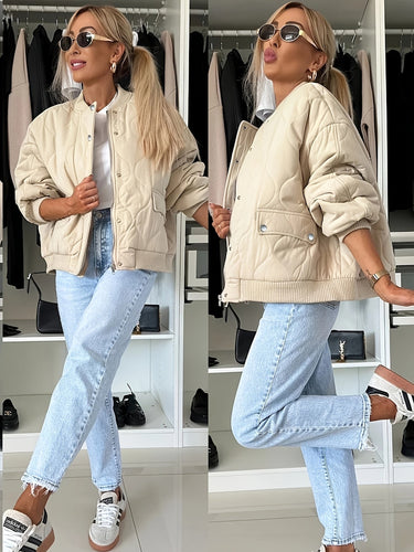 EB | Gequiltete Jacke Farbblock Warmer Pufferjacke Reverskragen und Taschen Ideal für Frühling/herbst
