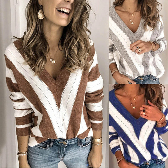 EB | Gemütlicher gestreifter Pullover mit V-Kragen für Damen