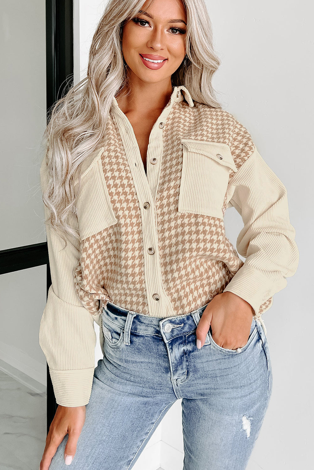 EB | Hundezahn Muster Hemdjacke Baumwollmischung Trendy und Komfortabel