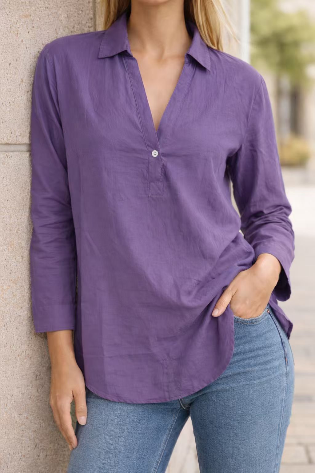 Damen Lässige Langarmbluse mit klassischem Kragen und Knopfdetail EB
