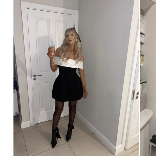 EB | Ein-Wort-Schulter schwarz-weißes Kleid mit kontrastierender Schleife