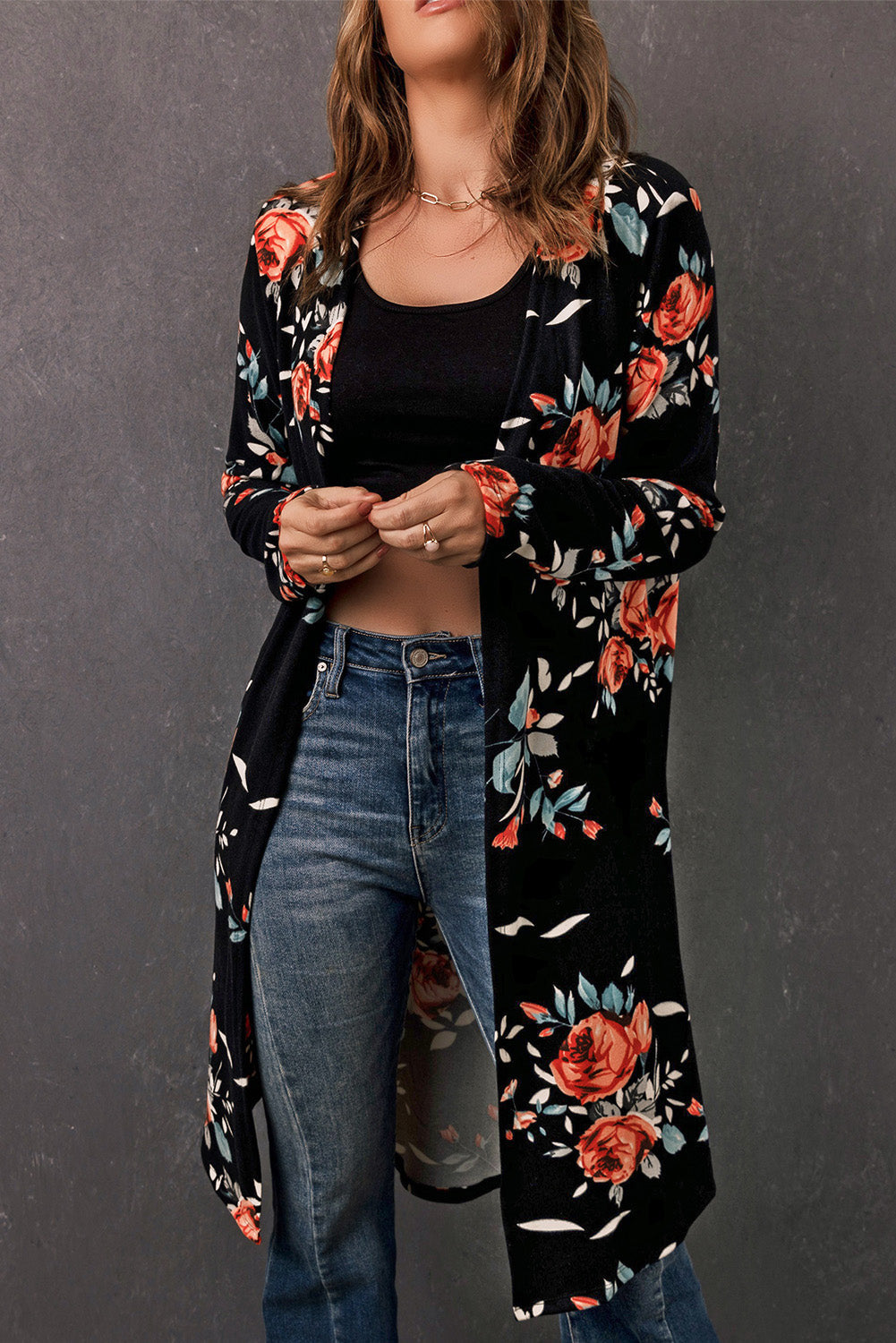 EB | Bedruckter Offene Front Langarm Cardigan