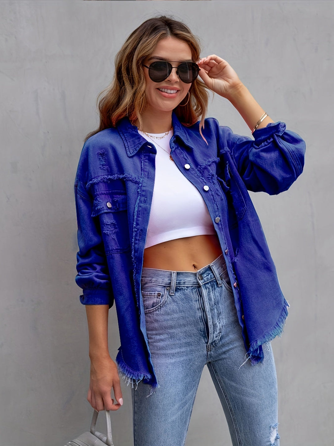 EB | Denimjacke Boho Nicht Dehnbar, Einfarbig, Knopfverschluss