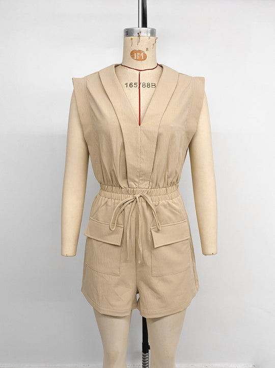 EB | Kordelzug Tasche V-Ausschnitt einfarbig Jumpsuit Shorts